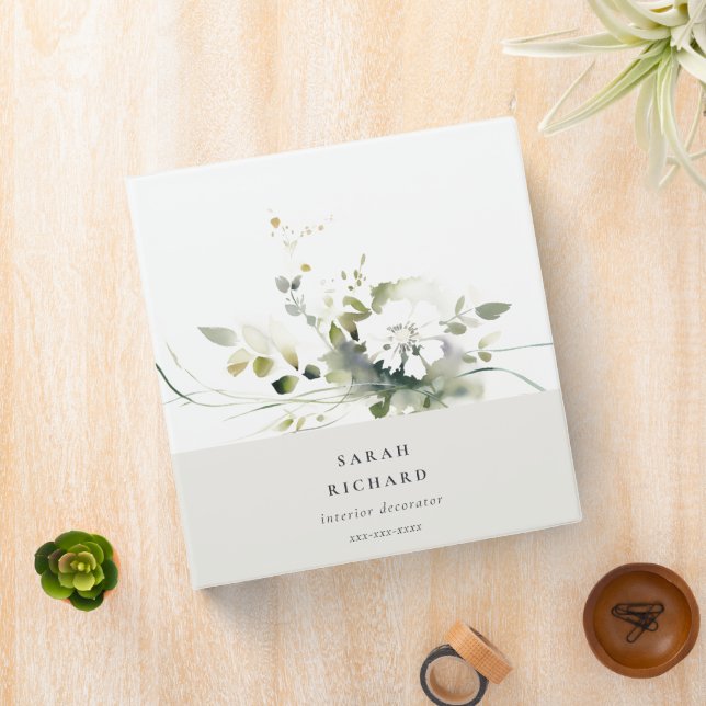 Elegant Modern Boho Abstract Green White Floral 3 Ring Binder (In Situ)