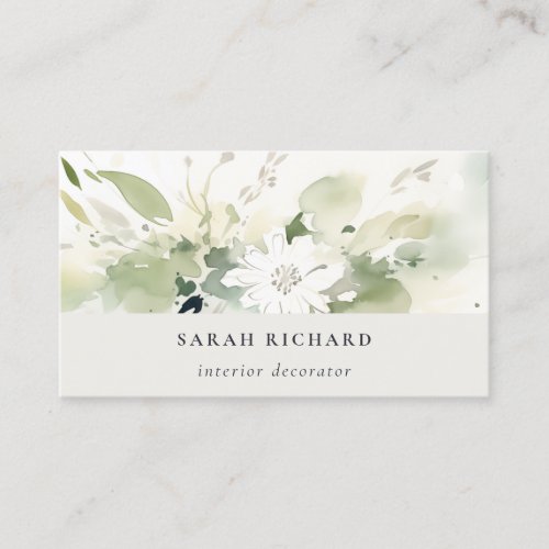 Elegant Modern Boho Abstract Green White Floral Business Card