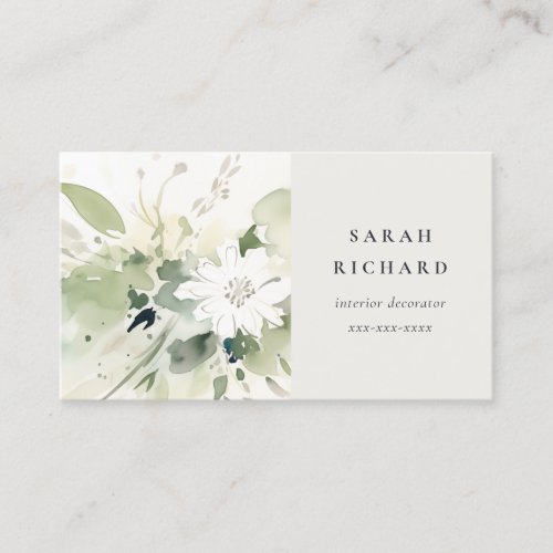 Elegant Modern Boho Abstract Green White Floral Business Card