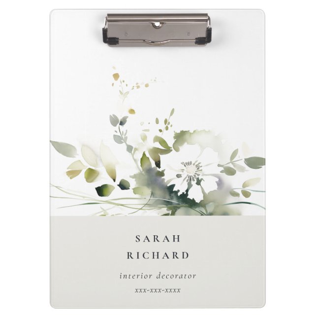 Elegant Modern Boho Abstract Green White Floral Clipboard (Front)