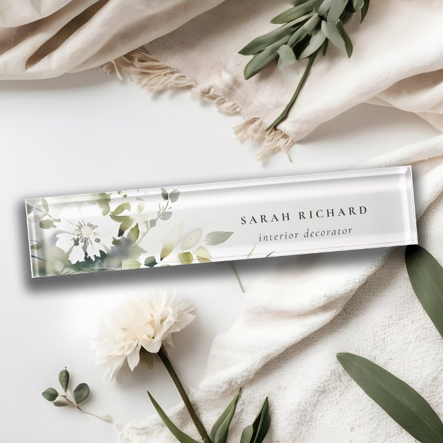 Elegant Modern Boho Abstract Green White Floral Desk Name Plate (Creator Uploaded)