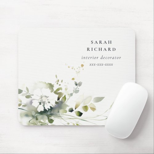 Elegant Modern Boho Abstract Green White Floral Mouse Pad