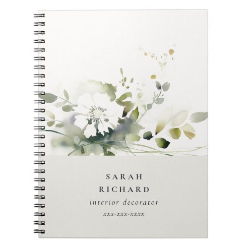 Elegant Modern Boho Abstract Green White Floral Notebook