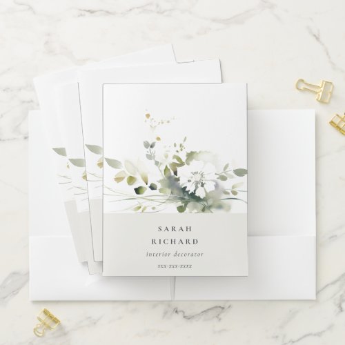Elegant Modern Boho Abstract Green White Floral Pocket Folder