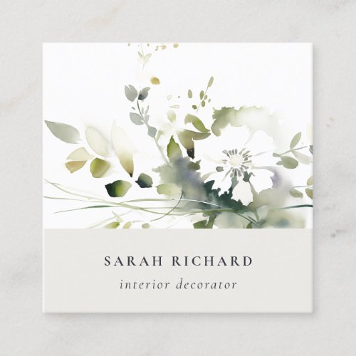 Elegant Modern Boho Abstract Green White Floral Square Business Card