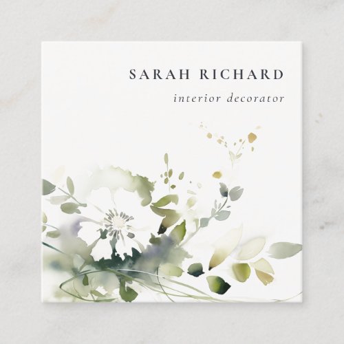 Elegant Modern Boho Abstract Green White Floral Square Business Card