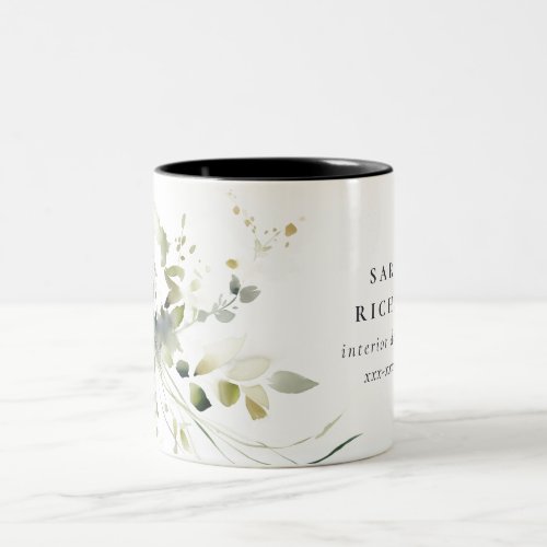 Elegant Modern Boho Abstract Green White Floral Two_Tone Coffee Mug