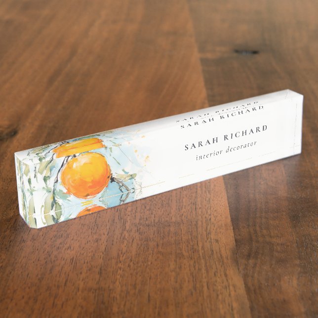 Elegant Modern Boho Abstract Sketchy Orange Garden Desk Name Plate (Side)