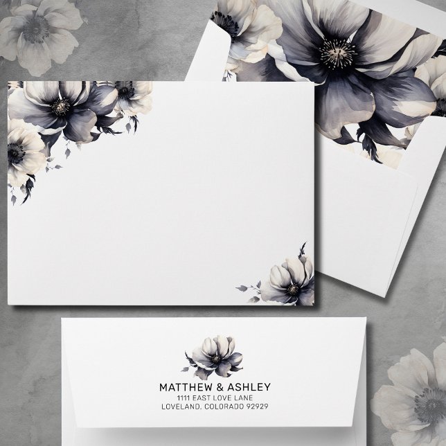 Elegant Modern Boho Black White Floral Wedding Envelope (Chic Elegant Modern Floral Black White Wedding envelope)