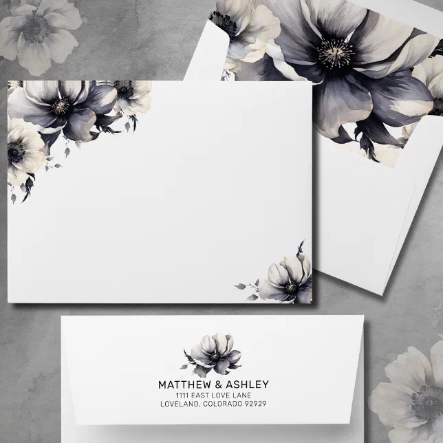 Elegant Modern Boho Black White Floral Wedding Envelope | Zazzle