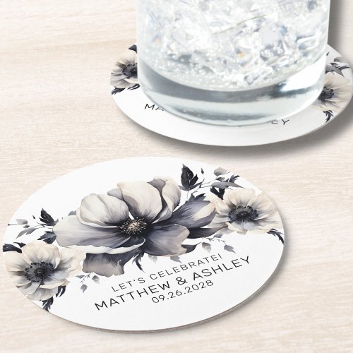 Elegant Modern Boho Black White Floral Wedding Round Paper Coaster