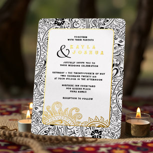 Elegant Modern Boho Black White Paisley Whimsical Foil Invitation