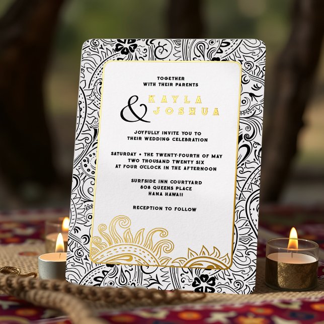Elegant Modern Boho Black White Paisley Whimsical Foil Invitation (Black and white paisley wedding invitation with boho india ornate pattern and gold foil accents)