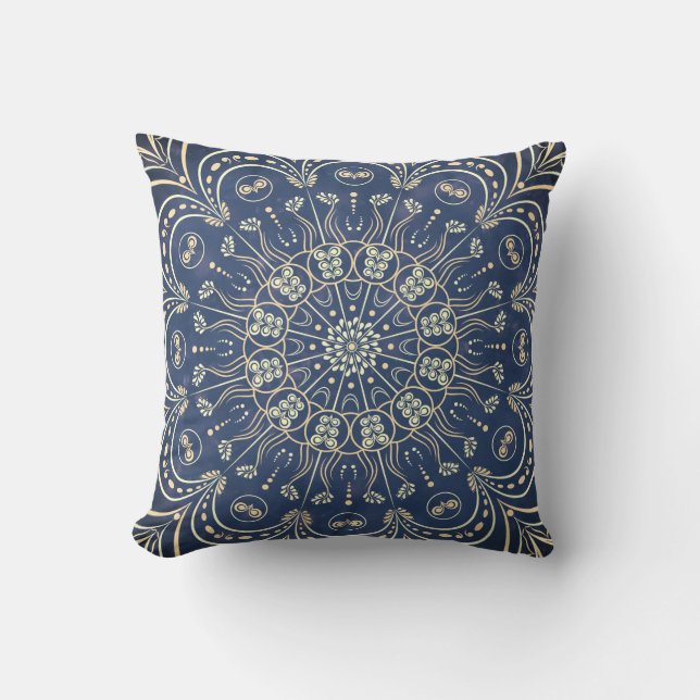 Elegant Modern Boho Chic Mandala Blue Throw Pillow (Front)