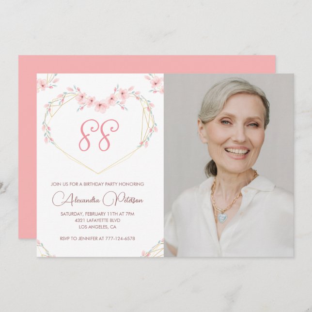 Elegant Modern Boho Floral Photo 88th birthday Invitation (Front/Back)