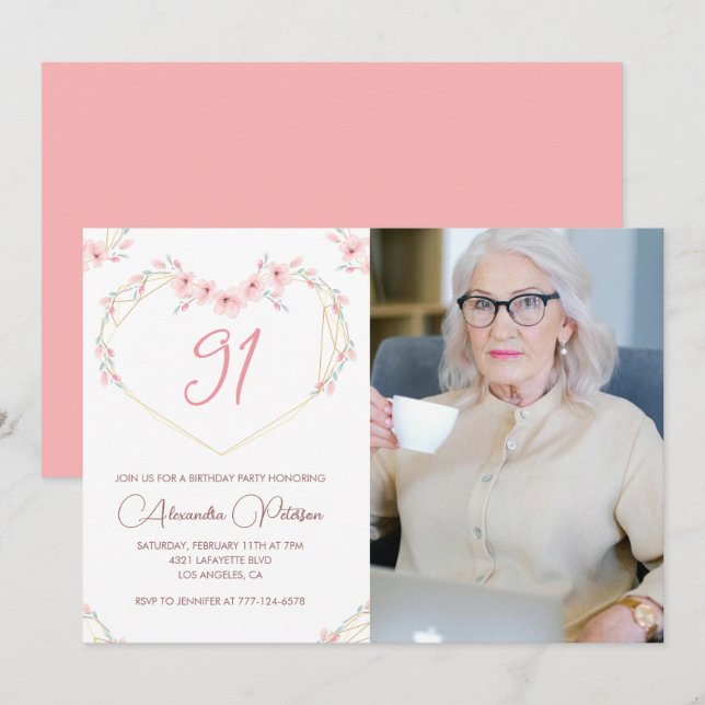 Elegant Modern Boho Floral Photo 91st birthday Invitation (Front/Back)