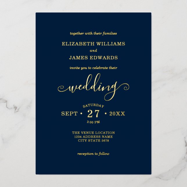 Elegant Modern Boho Navy Blue & Gold Wedding Foil Invitation (Front)