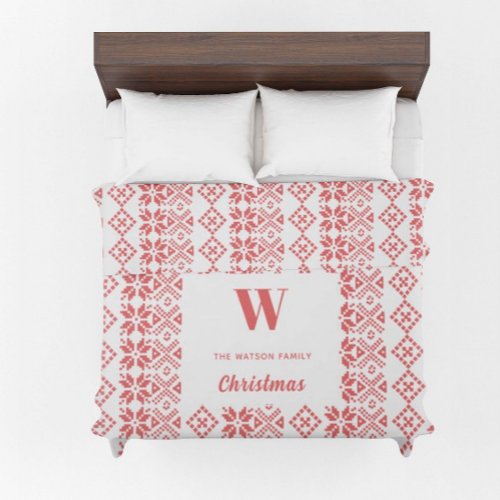 Elegant Modern Boho Red Monogram Christmas Family Duvet Cover