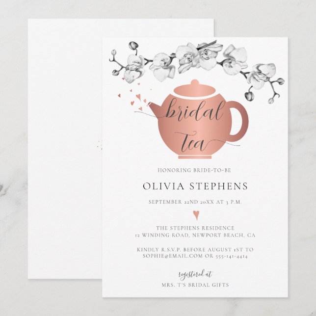 Elegant Modern Boho Rose Gold Orchids Bridal Tea Invitation (Front/Back)