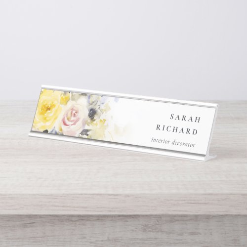 Elegant Modern Boho Vinatge Colorful Rose Floral Desk Name Plate