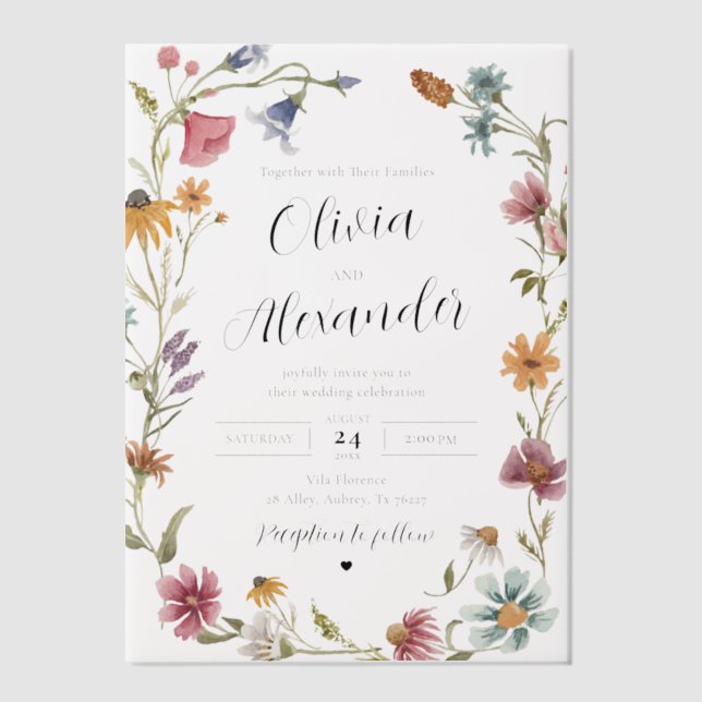 Elegant Modern Boho Wildflower Wedding Vellum Invitations (Front)