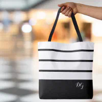 Elegant Modern Bold Stripe Monogram Initials Black Tote Bag