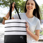 Elegant Modern Bold Stripe Monogram Initials Black Tote Bag<br><div class="desc">Elegant contemporary design features a mix of thick bands and thin stripes in crisp white and modern sophisticated black.  Add two or three monogrammed initials in stylish white script. Design repeats on back.  Custom color requests accepted.</div>