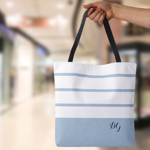Elegant Modern Bold Stripes Monogram Initials Blue Tote Bag