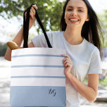Elegant Modern Bold Stripes Monogram Initials Blue Tote Bag<br><div class="desc">Elegant contemporary design features a mix of thick bands and thin stripes in crisp white and modern ice blue.  Add two or three monogrammed initials in stylish black script. Design repeats on back.  Custom color requests accepted.</div>