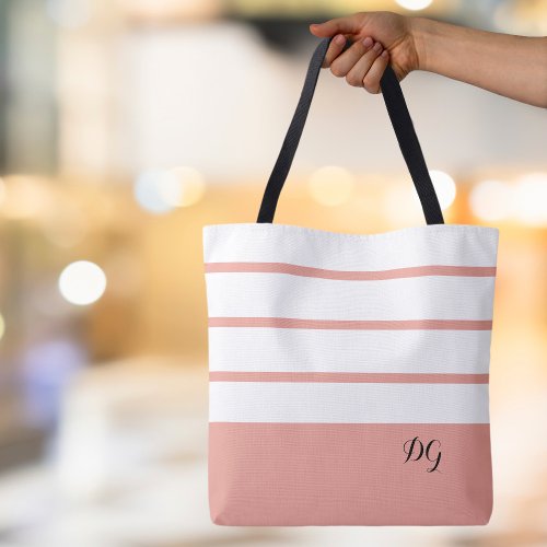 Elegant Modern Bold Stripes Monogram Initials Pink Tote Bag