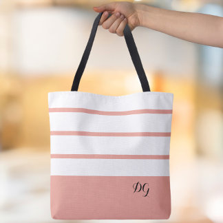 Elegant Modern Bold Stripes Monogram Initials Pink Tote Bag