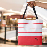 Elegant Modern Bold Stripes Monogram Initials Red Tote Bag<br><div class="desc">Elegant contemporary design features a mix of thick bands and thin stripes in crisp white and modern red.  Add two or three monogrammed initials in stylish black script. Design repeats on back.  Custom color requests accepted.</div>