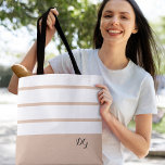 Elegant Modern Bold Stripes Monogram Neutral Brown Tote Bag<br><div class="desc">Elegant contemporary design features a mix of thick bands and thin stripes in crisp white and modern neutral light brown.  Add two or three monogrammed initials in stylish black script. Design repeats on back.  Custom color requests accepted.</div>