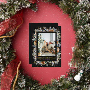 Elegant Modern Botanical Black Christmas Photo Foil Holiday Card