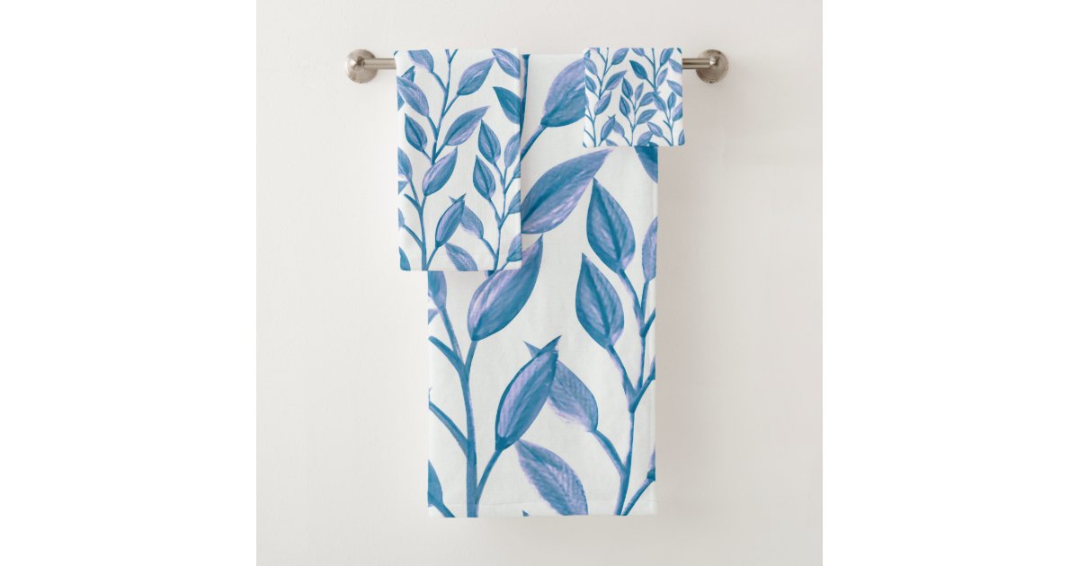 Elegant Modern Botanical Blue Leaves Pattern Bath Towel Set Zazzle