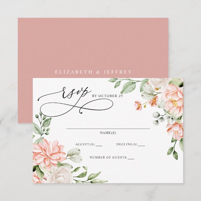 Elegant Modern Botanical Blush Floral Wedding RSVP Card (Front/Back)