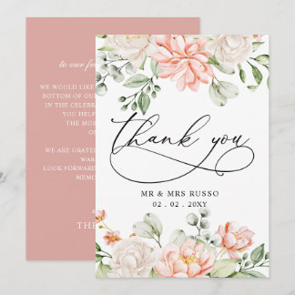 Elegant Modern Botanical Blush Pink Floral Wedding Thank You Card