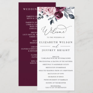 Elegant Modern Botanical Burgundy Floral Wedding Program