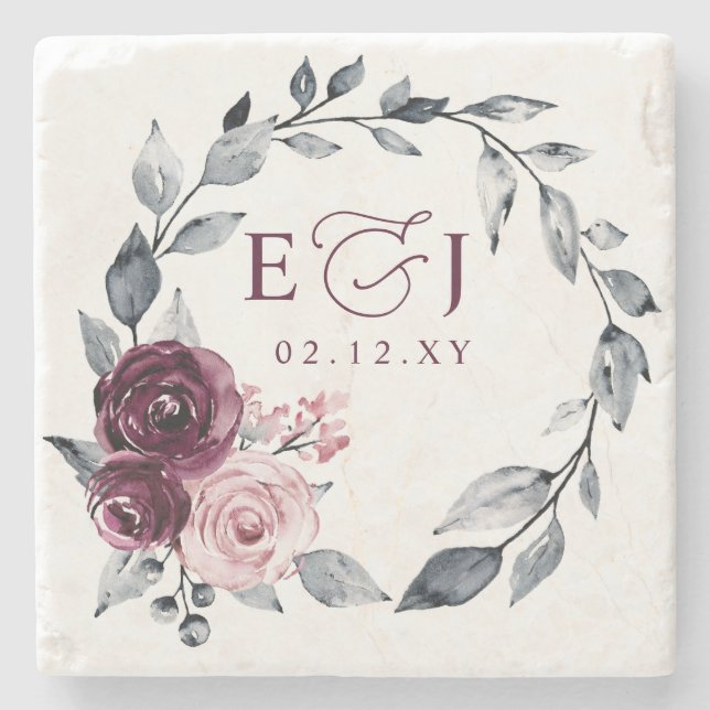 Elegant Modern Botanical Burgundy Floral Wedding Stone Coaster (Front)