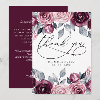 Elegant Modern Botanical Burgundy Floral Wedding Thank You Card