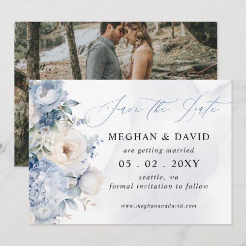 Elegant Modern Botanical Dusty Blue Floral Photo Save The Date