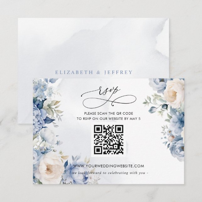 Elegant Modern Botanical Dusty Blue Floral QR CODE RSVP Card (Front/Back)