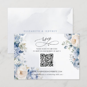 Elegant Modern Botanical Dusty Blue Floral QR CODE RSVP Card