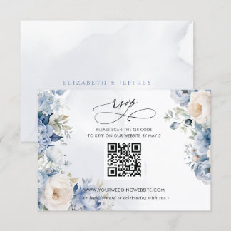 Elegant Modern Botanical Dusty Blue Floral QR CODE RSVP Card