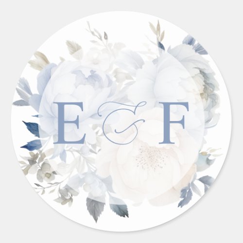 Elegant Modern Botanical Dusty Blue Floral Wedding Classic Round Sticker