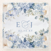 Elegant Modern Botanical Dusty Blue Floral Wedding Glass Coaster