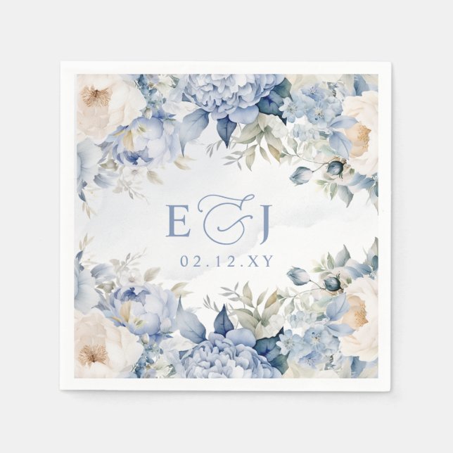 Elegant Modern Botanical Dusty Blue Floral Wedding Napkins (Front)