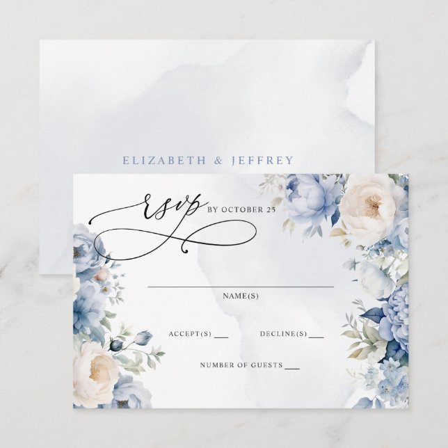 Elegant Modern Botanical Dusty Blue Floral Wedding RSVP Card (Front/Back)
