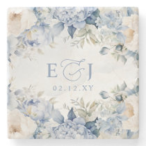Elegant Modern Botanical Dusty Blue Floral Wedding Stone Coaster