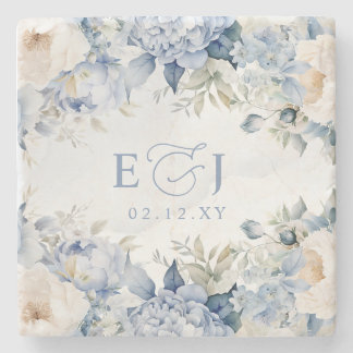 Elegant Modern Botanical Dusty Blue Floral Wedding Stone Coaster